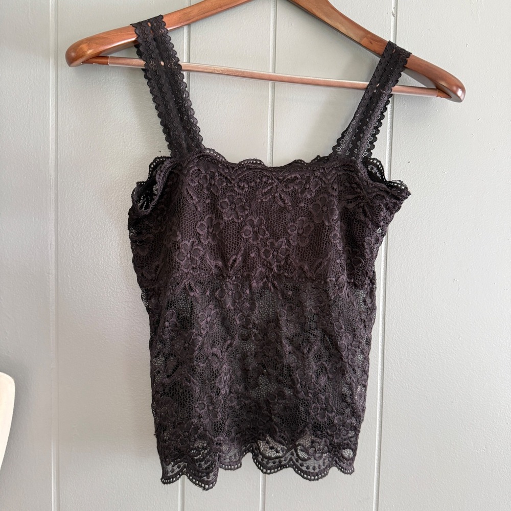 Black Floral Lace Sheer Camisole Top Tank XS-S Trim Strappy Camis Velvet Flowers - Picture 7 of 7